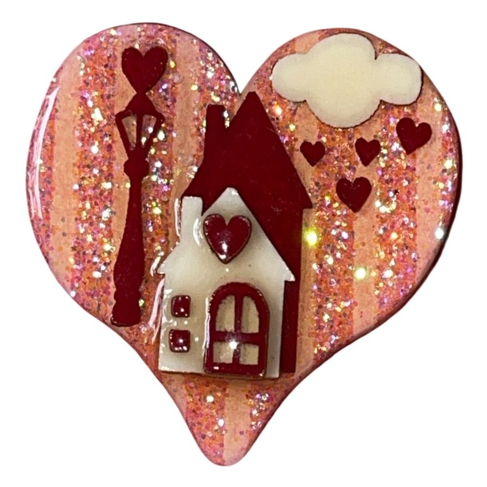 Vintage Lucinda Heart Shape Pin Glittery House Valentine Theme Red Pink Cream - Picture 8 of 16